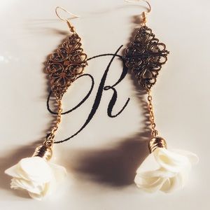 White Flowered and Gold Dangly Earrings